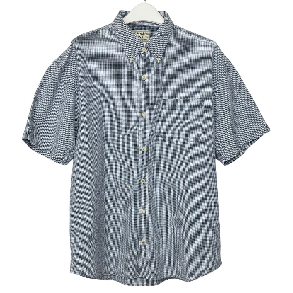 U.S. Expedition Button Down Mens XL Blue Gingham Short Sleeve Cotton Preppy Work